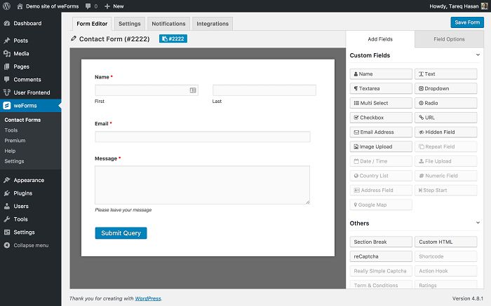 A single contact form with its builder view