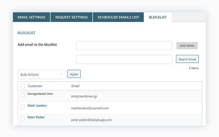Manage the email address that should not receive the request 