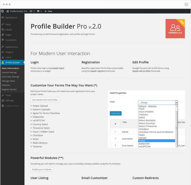 Features Profile Builder Pro – WordPress Profile Plugin
